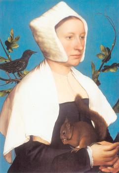 Hans The Younger Holbein : Portrait of a Lady with a Squirrel and a Starling